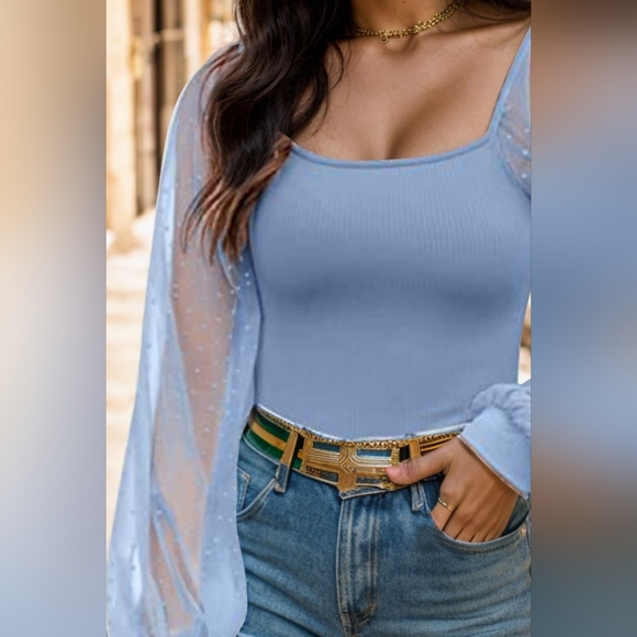 Polka Dot Square Neck Lantern Sleeve Blouse - Picture 3 of 4